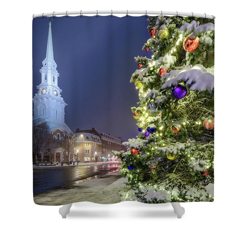 Snow Shower Curtain featuring the photograph Holiday Snow, Market Square by Jeff Sinon