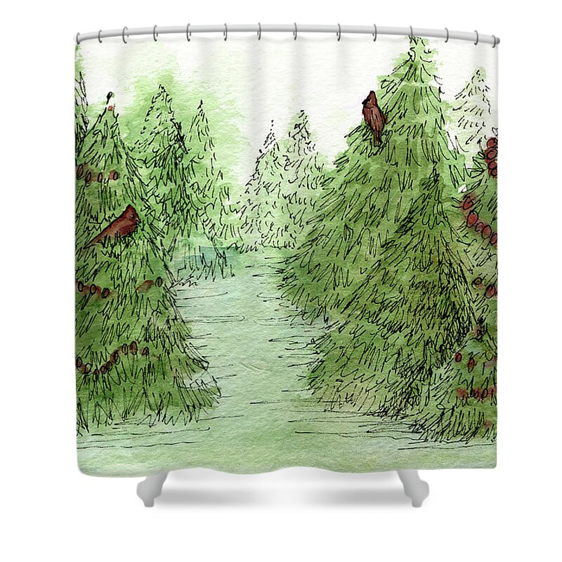 Holiday Trees Shower Curtain featuring the painting Holiday Trees Woodland Landscape Illustration by Laurie Rohner