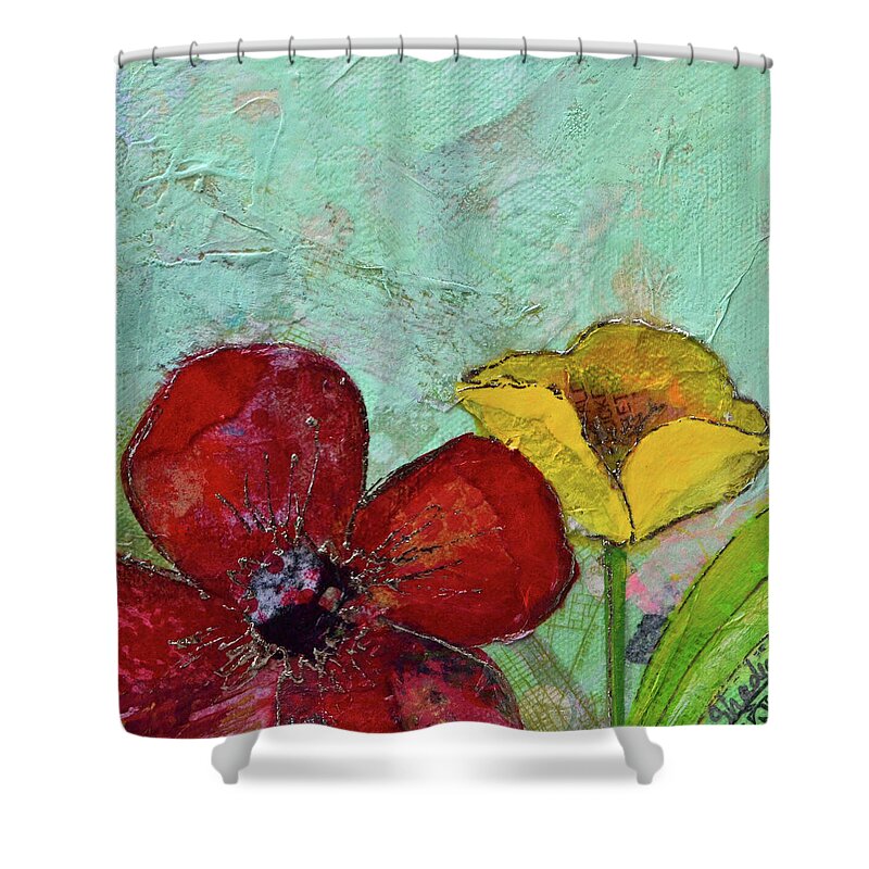 Wall Art Metal Prints Tulip Flower Tulips Red Yellow Blue Green Garden Tulip Festival Holland Holland Mi Michigan Red Flowers Yellow Flower Yellow Tulip Shower Curtain featuring the painting Holland Tulip Festival VI by Shadia Derbyshire