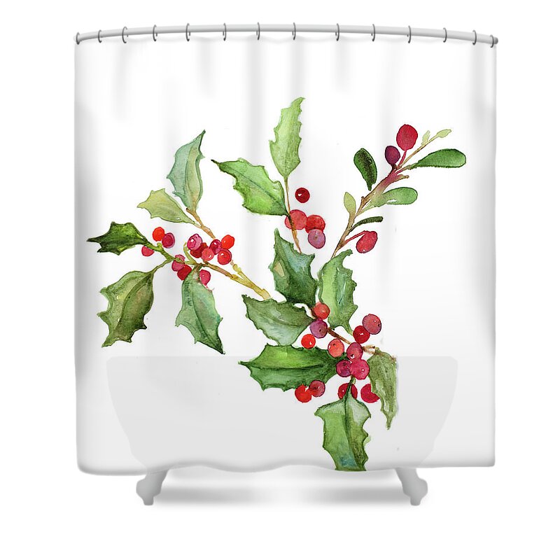 Holly Shower Curtain featuring the mixed media Holly Branches II by Lanie Loreth