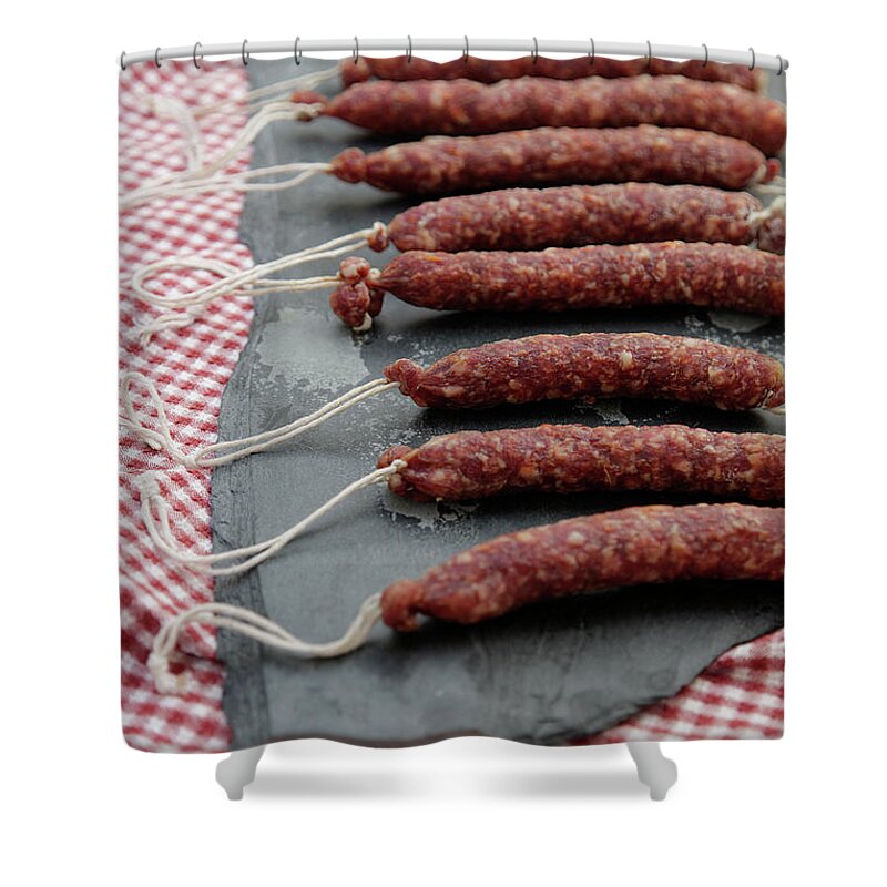 San Francisco Shower Curtain featuring the photograph Homemade Italian Sausage Tied With by Elisa Cicinelli
