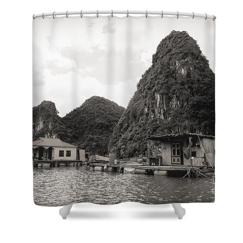 Vietnam Shower Curtain featuring the photograph Homes on Ha Long Bay Boat People by Chuck Kuhn