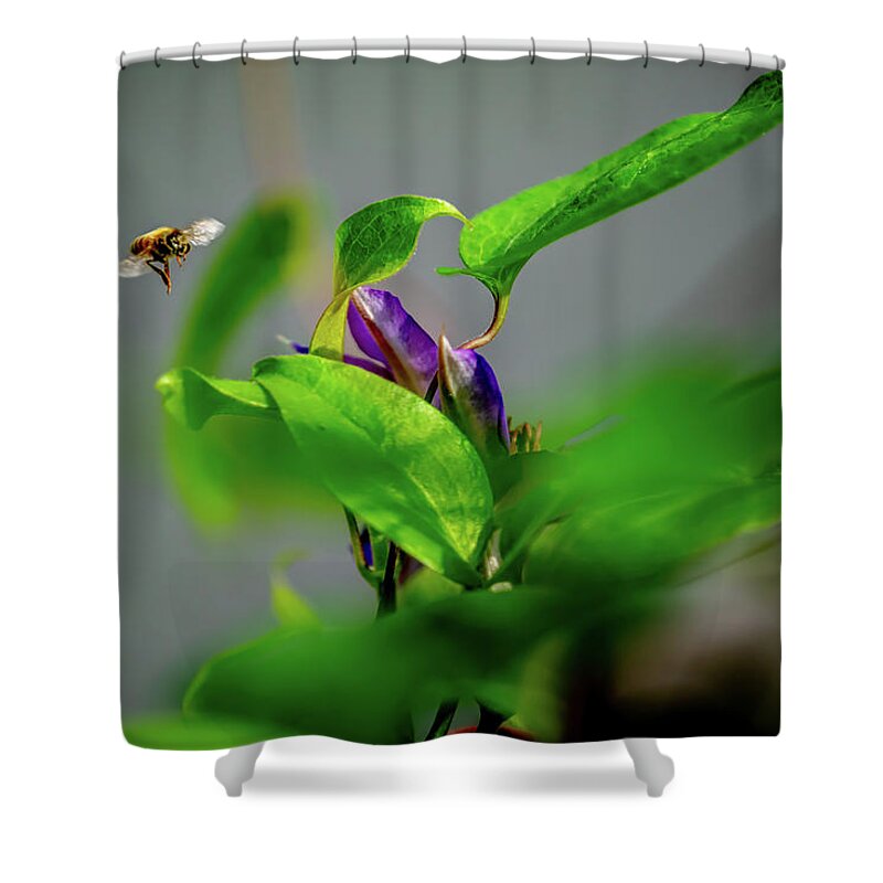Honey Bee Shower Curtain featuring the digital art Honey Bee perusing the garden by Ed Stines