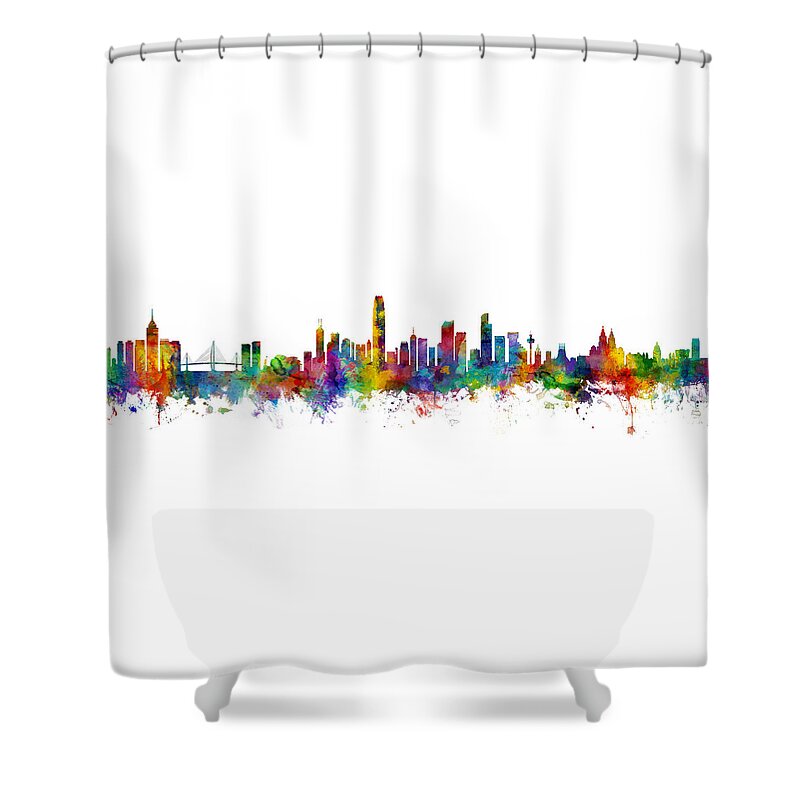 Liverpool Shower Curtain featuring the digital art Hong Kong and Liverpool Skylines Mashup by Michael Tompsett