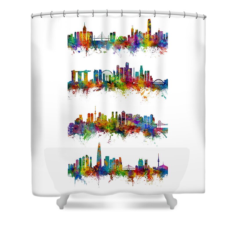Seoul Shower Curtain featuring the digital art Hong Kong, Singapore, Tokyo and Seoul Skylines by Michael Tompsett