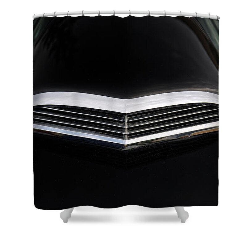 1955 55 Ford Thunderbird Dramatic Angle Perspective Car Vintage Black Shower Curtain featuring the photograph Hood detail of 1955 Vintage Black Ford Thunderbird by Peter Herman