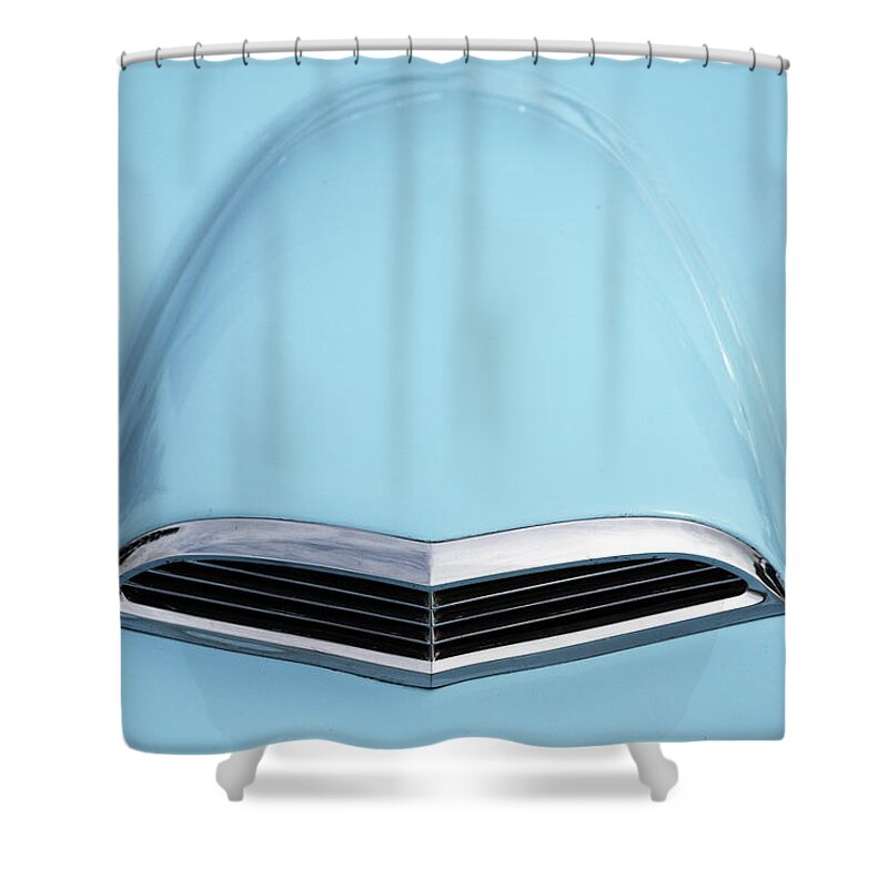 1955 55 Ford Thunderbird Dramatic Angle Perspective Car Vintage Shower Curtain featuring the photograph Hood detail of 1955 Vintage Blue Ford Thunderbird by Peter Herman