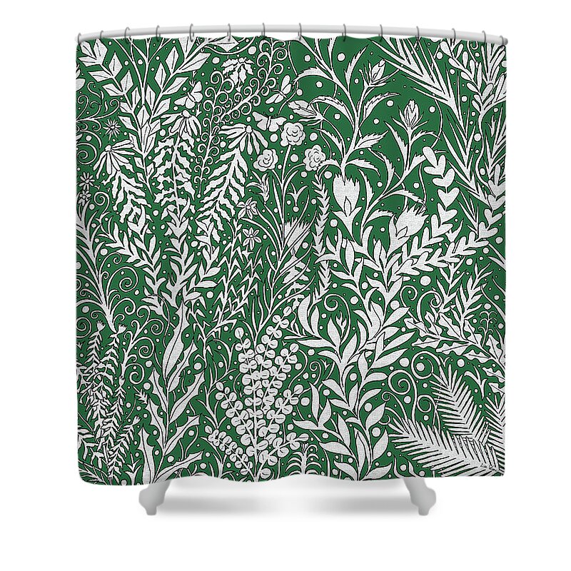 Lise Winne Shower Curtain featuring the tapestry - textile Horizontal Tapestry Design In Green With Flowers, Leaves And Small Butterflies by Lise Winne