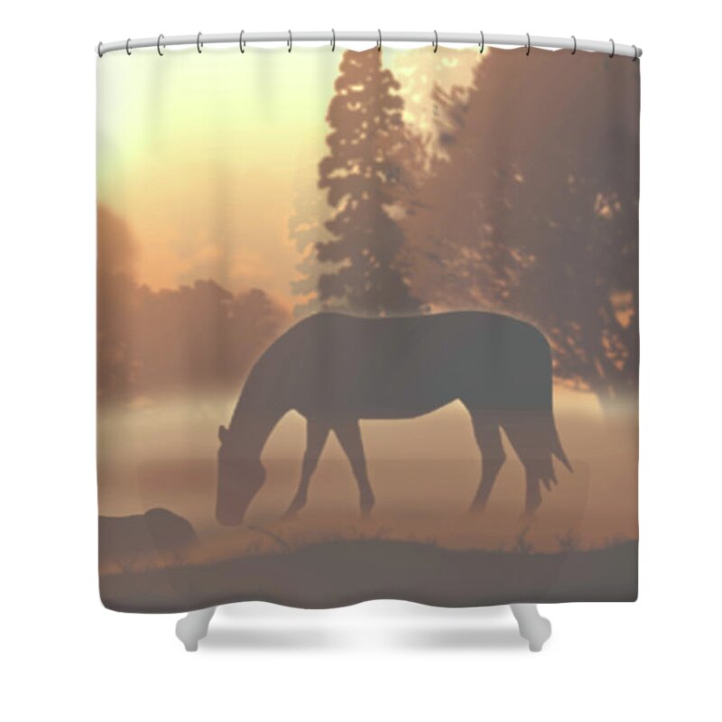 Horses Shower Curtain featuring the digital art Horses in the Morning Fog by Kathie Miller