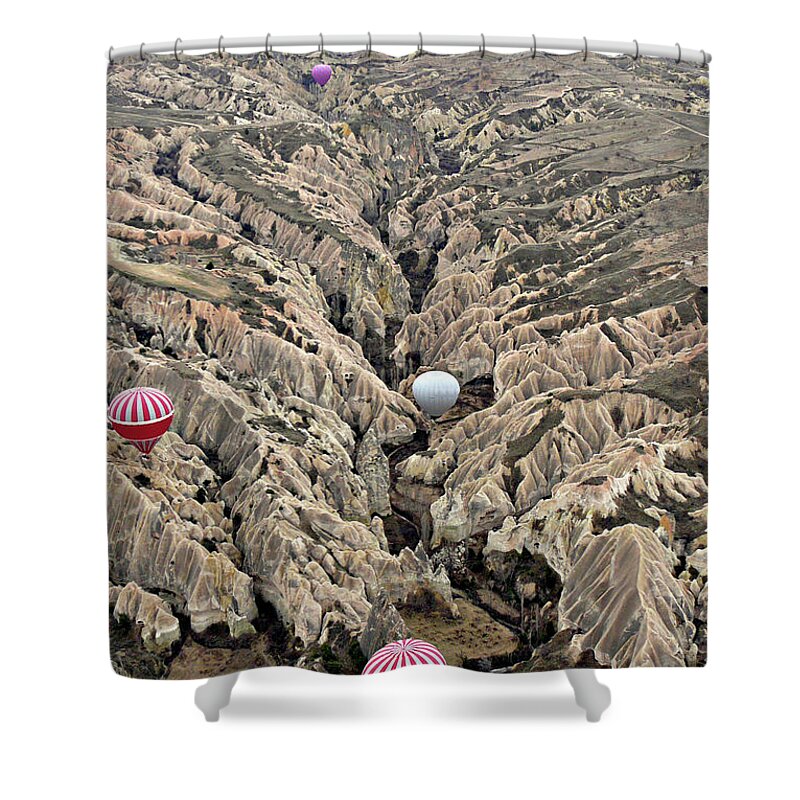 Dawn Shower Curtain featuring the photograph Hot Air Balloons Over Fairy Chimneys In by Gregory T. Smith