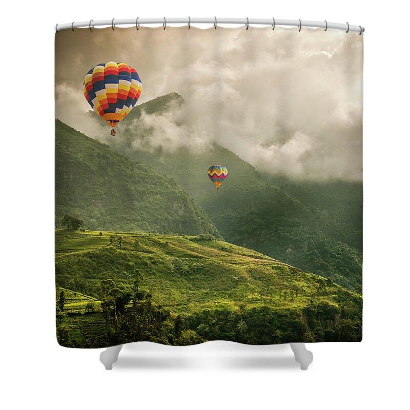 Tranquility Shower Curtain featuring the photograph Hot Air Balloons Over Tea Plantations by Nicolo Sertorio