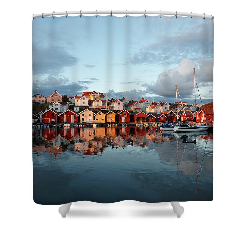 Tranquility Shower Curtain featuring the photograph Houses By The Sea At Sunset, Sweden by Tove, Jan