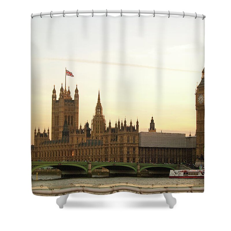 Clock Tower Shower Curtain featuring the photograph Houses Of Parliament From The South Bank by Sharon Vos-arnold