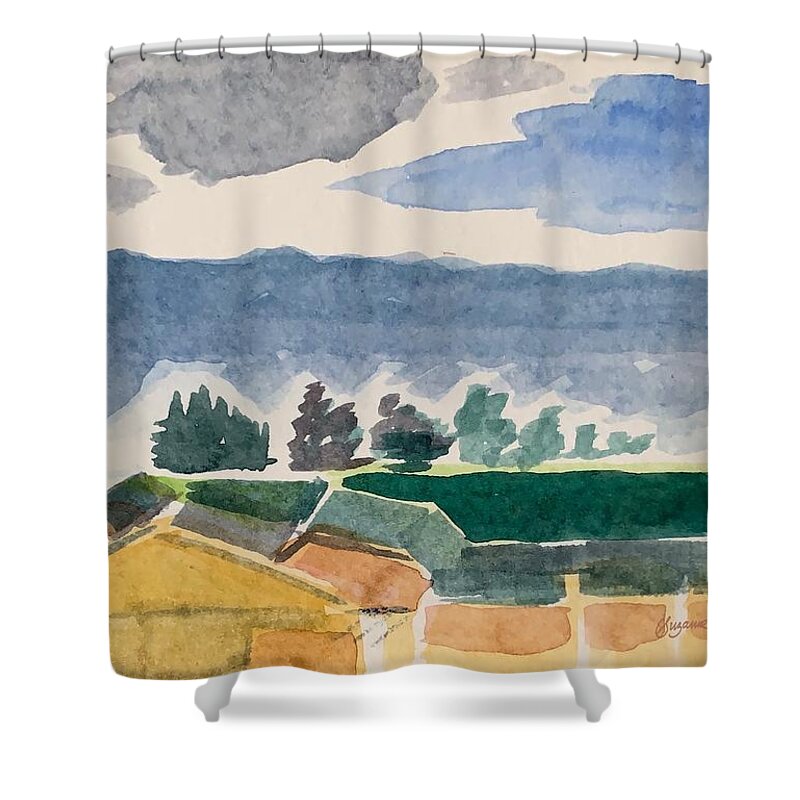 Abstract Shower Curtain featuring the painting Houses, Trees, Mountains, Clouds by Suzanne Giuriati Cerny