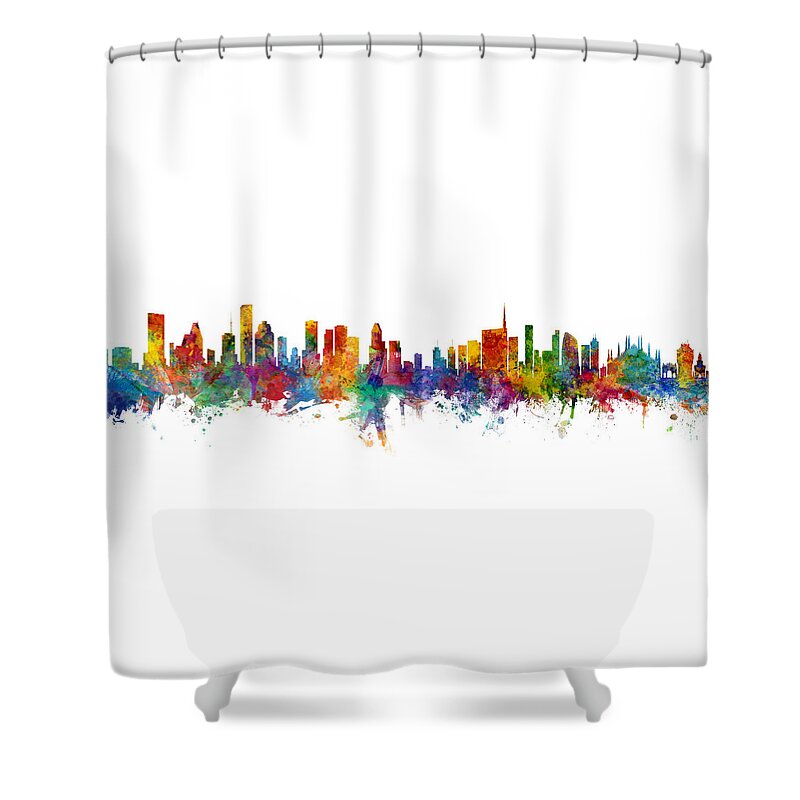 Houston Shower Curtain featuring the digital art Houston and Milan Skyline Mashup by Michael Tompsett