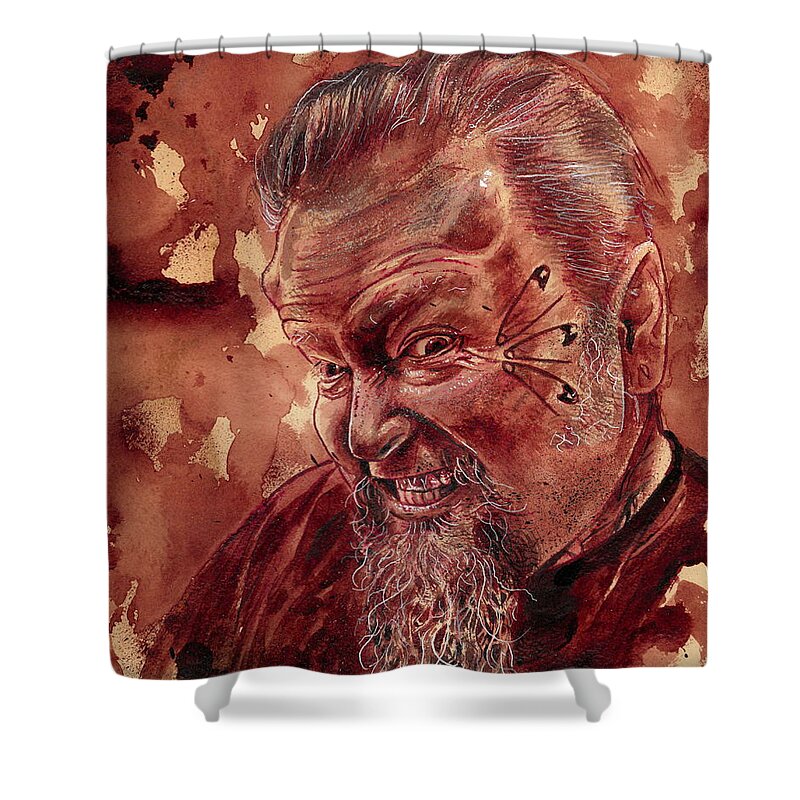 Ryan Almighty Shower Curtain featuring the painting Human Blood Artist Self Portrait - dry blood by Ryan Almighty