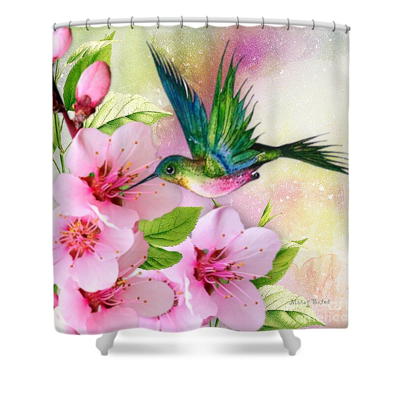 Hummingbird Shower Curtain featuring the mixed media Hummingbird on Pink Blossom by Morag Bates