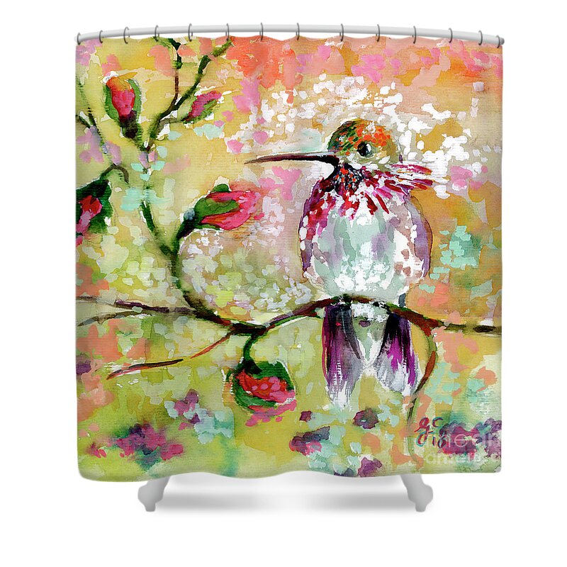 Hummingbirds Shower Curtain featuring the painting Hummingbird Pink Blossoms by Ginette Callaway
