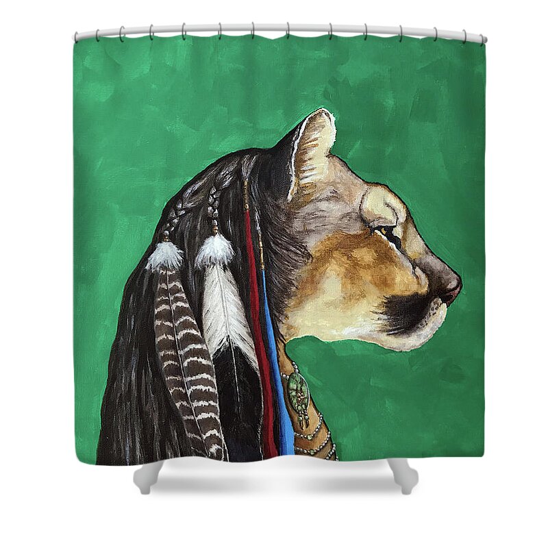 Mountain Lion Shower Curtain featuring the painting Hunts with Lions by Mr Dill