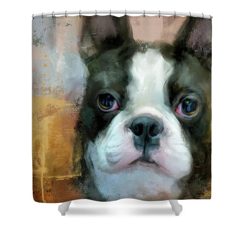 Colorful Shower Curtain featuring the painting I Adore You Boston Terrier Art by Jai Johnson