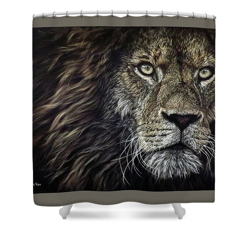 Lion Shower Curtain featuring the pastel I Am King by Linda Becker