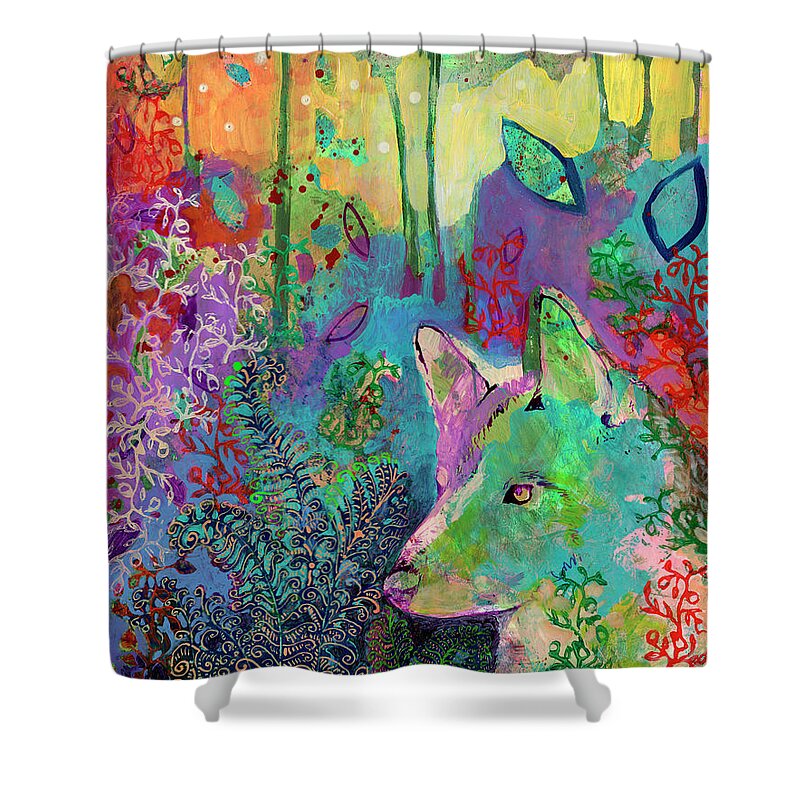 Wolf Shower Curtain featuring the painting I Am the Night Sky by Jennifer Lommers