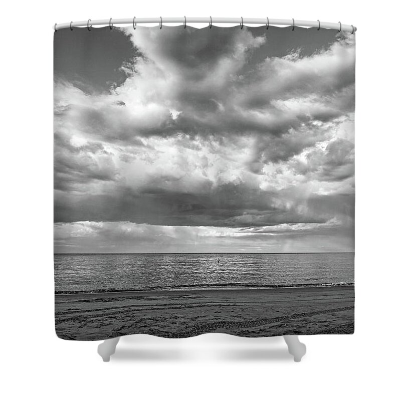 Ipswich Shower Curtain featuring the photograph I heart Crane Beach Heart Shaped Cloud Ipswich MA Black and White by Toby McGuire