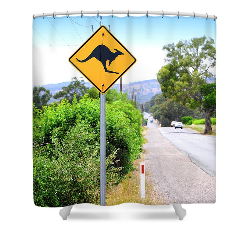 Australia Shower Curtain featuring the photograph Iconic Australian Roadsign, kanagroos crossing. by Milleflore Images