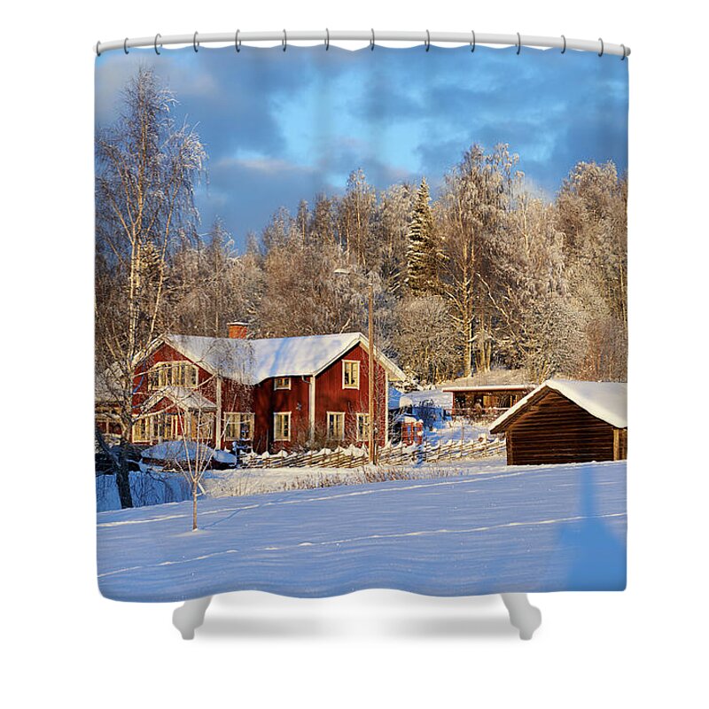 Snow Shower Curtain featuring the photograph Idyllic Red Swedish House Against A by Jonaseriksson