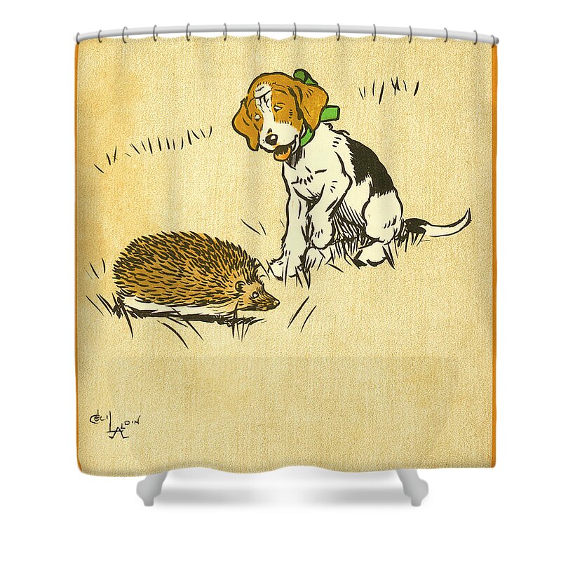 Book Illustration Shower Curtain featuring the drawing Puppy and Hedgehog, illustration of by Cecil Aldin