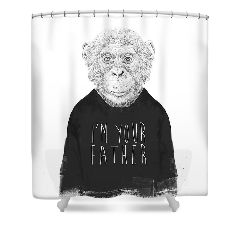 Monkey Shower Curtain featuring the mixed media I'm your father by Balazs Solti