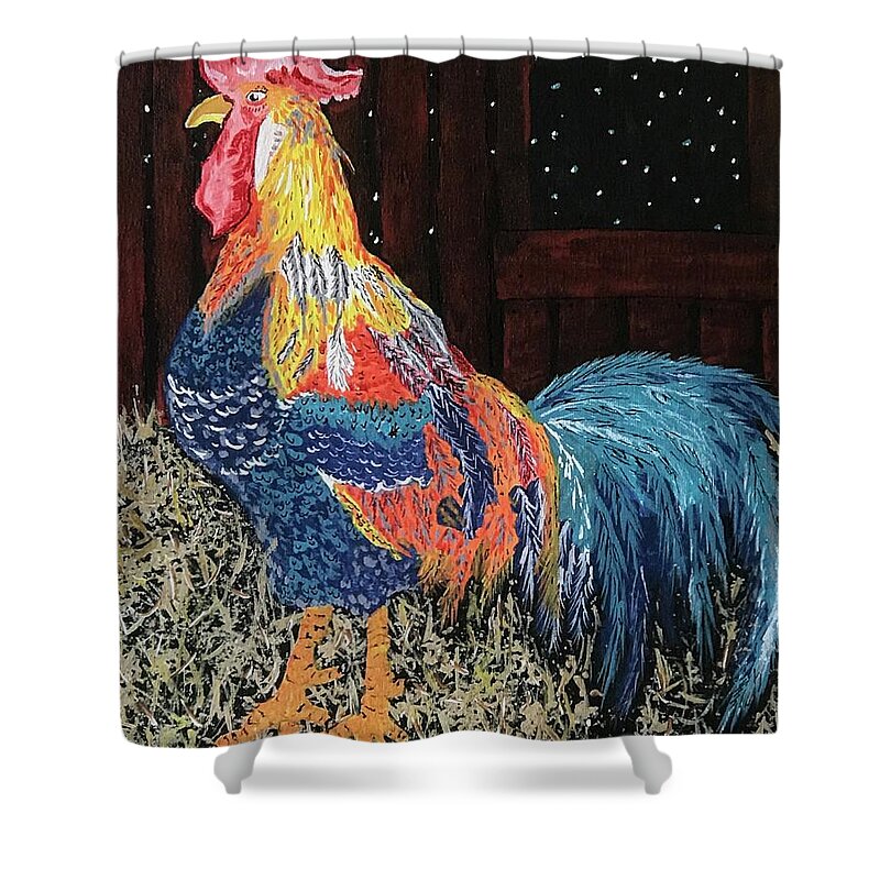 Colorful Rooster Shower Curtain featuring the painting In The Barn by Kathy Marrs Chandler