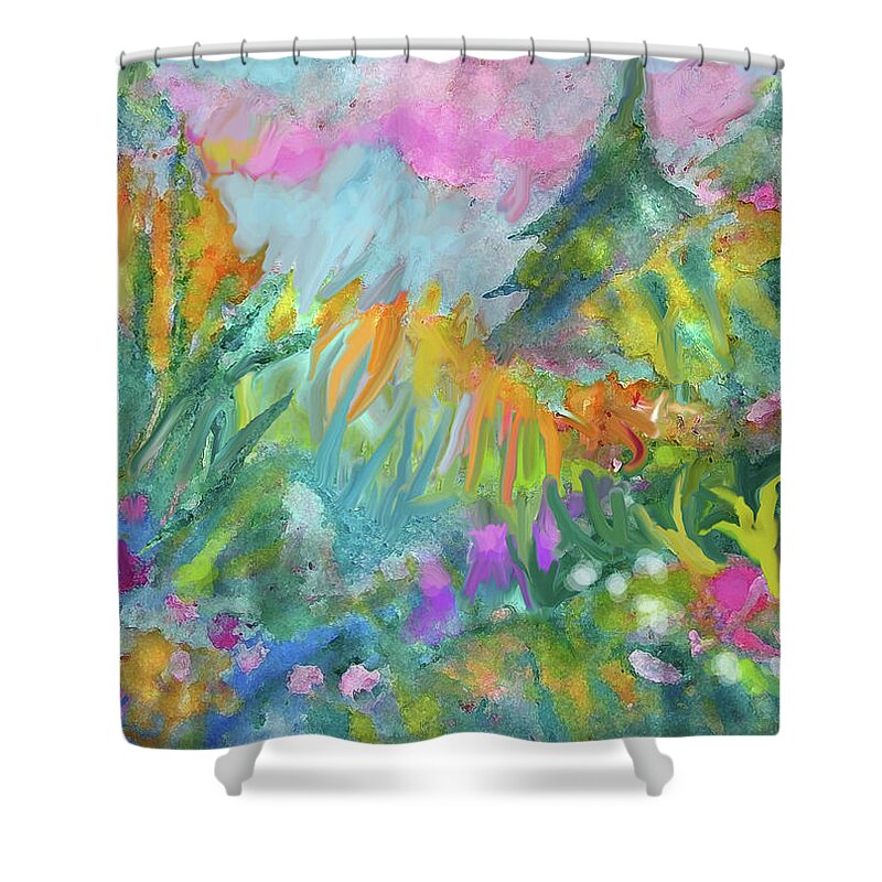 Cold Wax Shower Curtain featuring the digital art In the meadow by Jean Batzell Fitzgerald