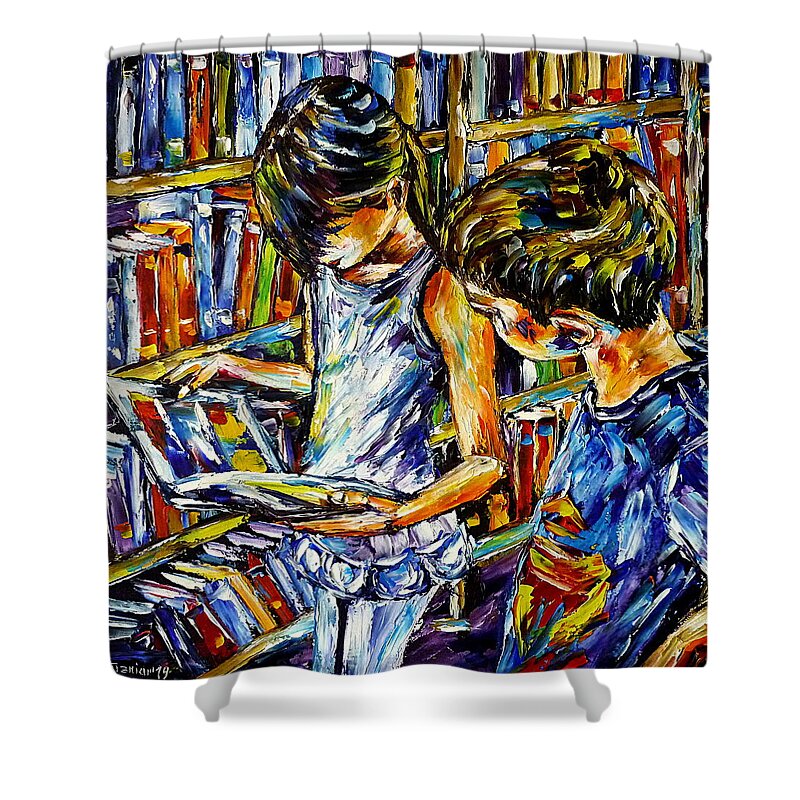 Children Hearts Shower Curtain featuring the painting In The School Library by Mirek Kuzniar