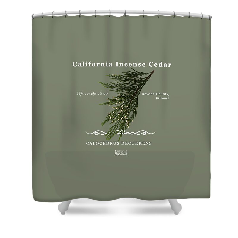 California Incense Cedar Is Native To Western North America. This Art Piece Was Created As Part Of A Blog Post Shower Curtain featuring the digital art Incense Cedar - white text by Lisa Redfern