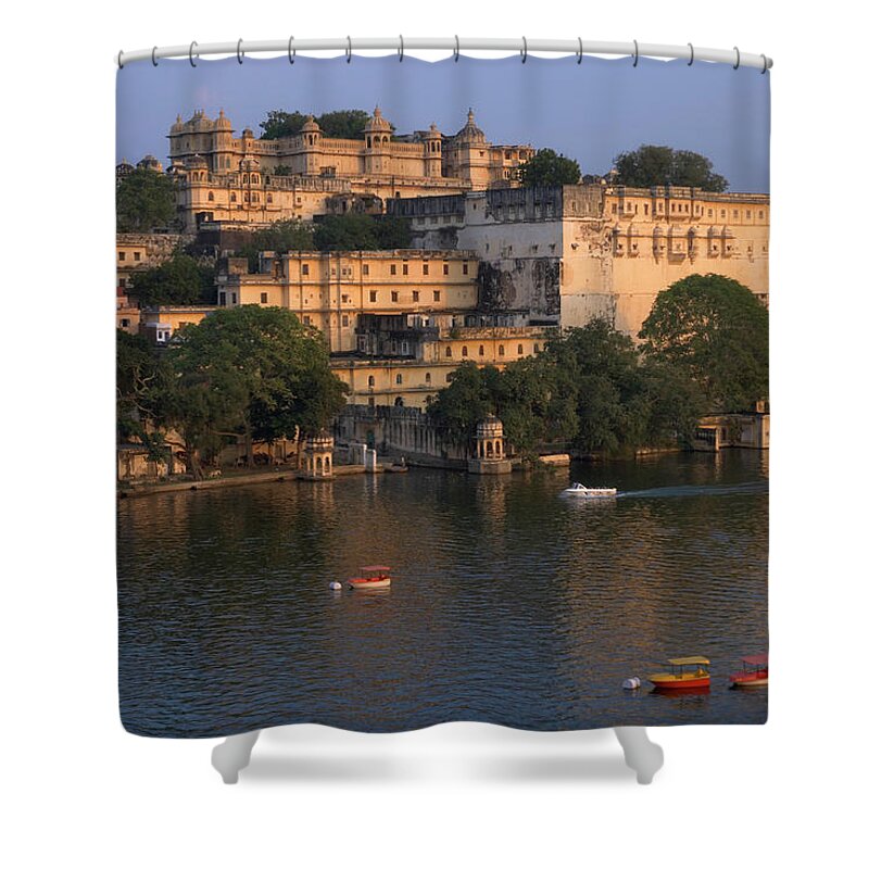 Scenics Shower Curtain featuring the photograph India, Rajasthan, Udaipur, City Palace by Keren Su