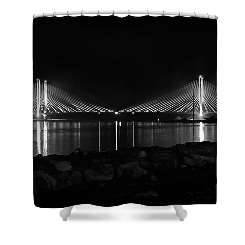 Indian River Bridge Shower Curtain featuring the photograph Indian River Bridge After Dark in Black and White by Bill Swartwout