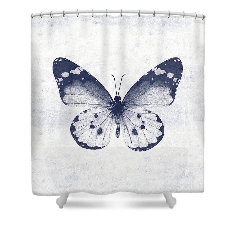 Butterfly White Blue Indigo Skeleton Butterfly Wings Modern Bohemianinsect Bug Garden Nature Organichome Decorairbnb Decorliving Room Artbedroom Artcorporate Artset Designgallery Wallart By Linda Woodsart For Interior Designersgreeting Cardpillowtotehospitality Arthotel Artart Licensing Shower Curtain featuring the mixed media Indigo and White Butterfly 1- Art by Linda Woods by Linda Woods
