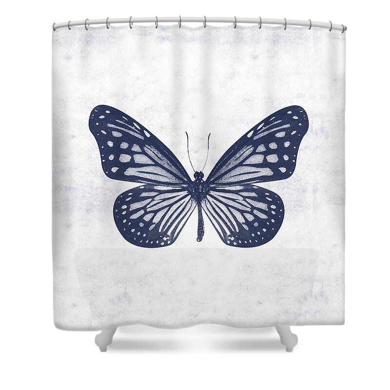 Butterfly Shower Curtain featuring the mixed media Indigo and White Butterfly 2- Art by Linda Woods by Linda Woods