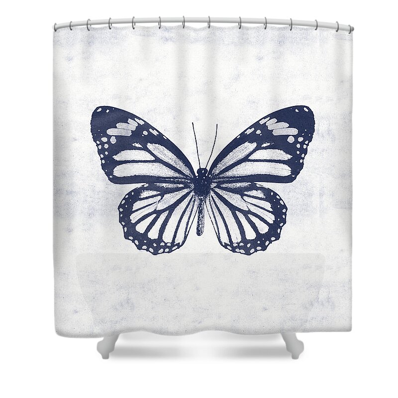 Butterfly Shower Curtain featuring the mixed media Indigo and White Butterfly 3- Art by Linda Woods by Linda Woods