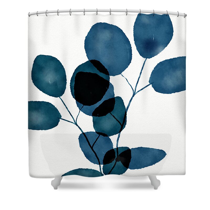 Botanical Shower Curtain featuring the mixed media Indigo Eucalyptus 3- Art by Linda Woods by Linda Woods
