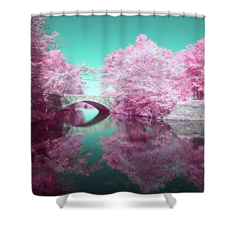 550nm 550 Nm Nanometer Ir Infrared Infra Red Brian Hale Brianhalephoto Bridge Water Reflection Outside Outdoors Nature Brian Hale Brianhalephoto River Bend Farm Uxbridge Ma Mass Massachusetts New England Newengland U.s.a. Usa Cotton Candy Shower Curtain featuring the photograph Infrared Bridge by Brian Hale