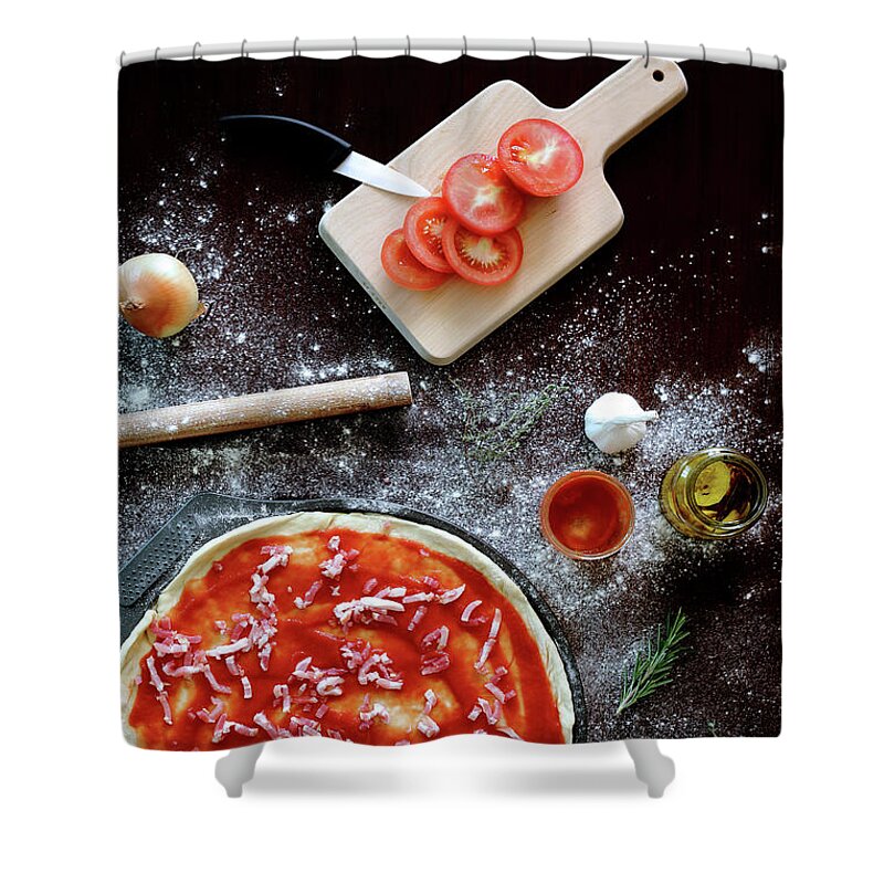 Cooking Utensil Shower Curtain featuring the photograph Ingredients For Pizza by Virginie Blanquart