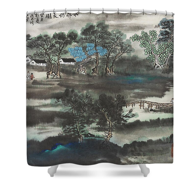 Chinese Watercolor Shower Curtain featuring the painting Visiting Friends by Jenny Sanders