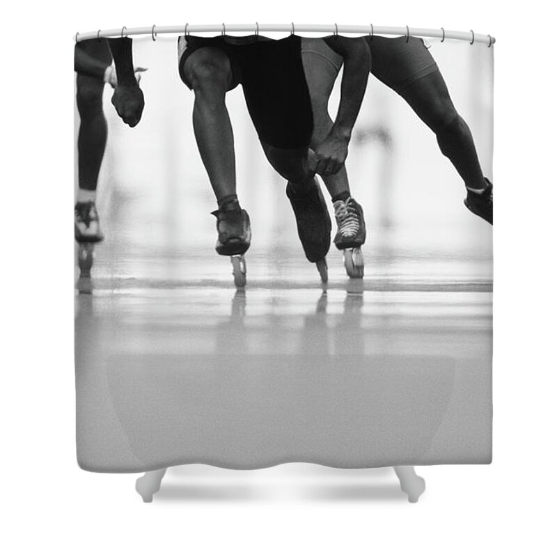 Mid Adult Shower Curtain featuring the photograph Inline Skaters Racing, Low Section B&w by David Madison