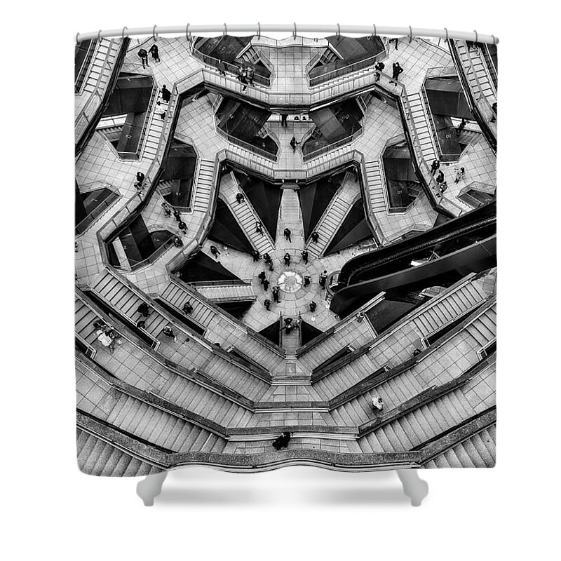 Hudson Yards Shower Curtain featuring the photograph Inside the Hudson Yards Vessel NYC II BW by Susan Candelario