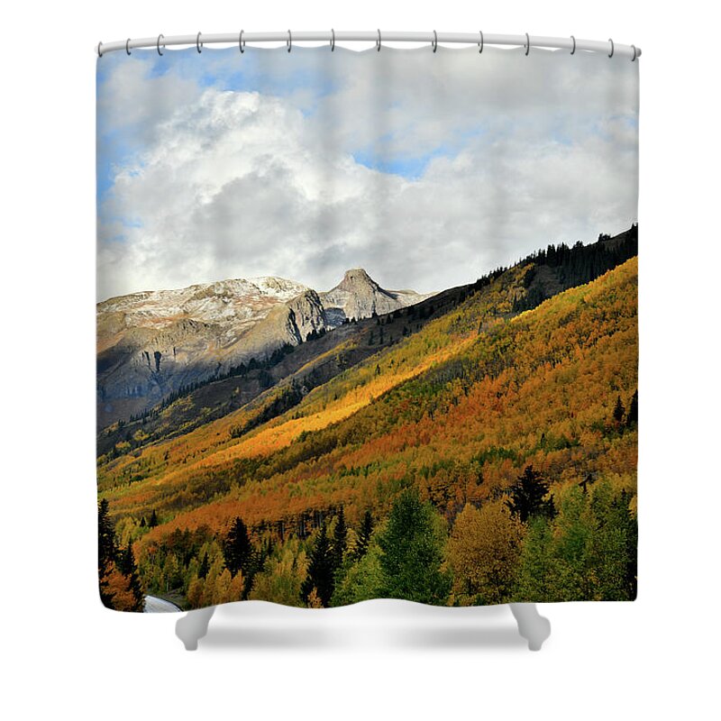 Red Mountain Pass Shower Curtain featuring the photograph Intermittent Light on Fall Colors in Colorado by Ray Mathis