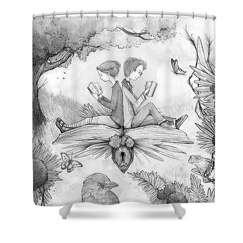 Fantasy Shower Curtain featuring the digital art Into an Open Book by Michael Ciccotello