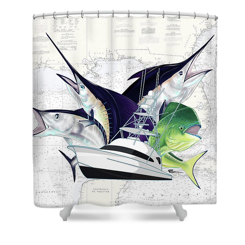 Marlin Shower Curtain featuring the digital art Into The Blue by Kevin Putman