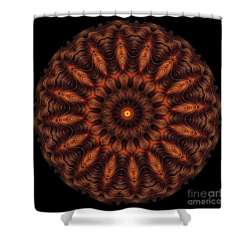 3 Dimensional Shower Curtain featuring the digital art Intricate 13 orange, red and yellow mandala kaleidoscope by Amy Cicconi